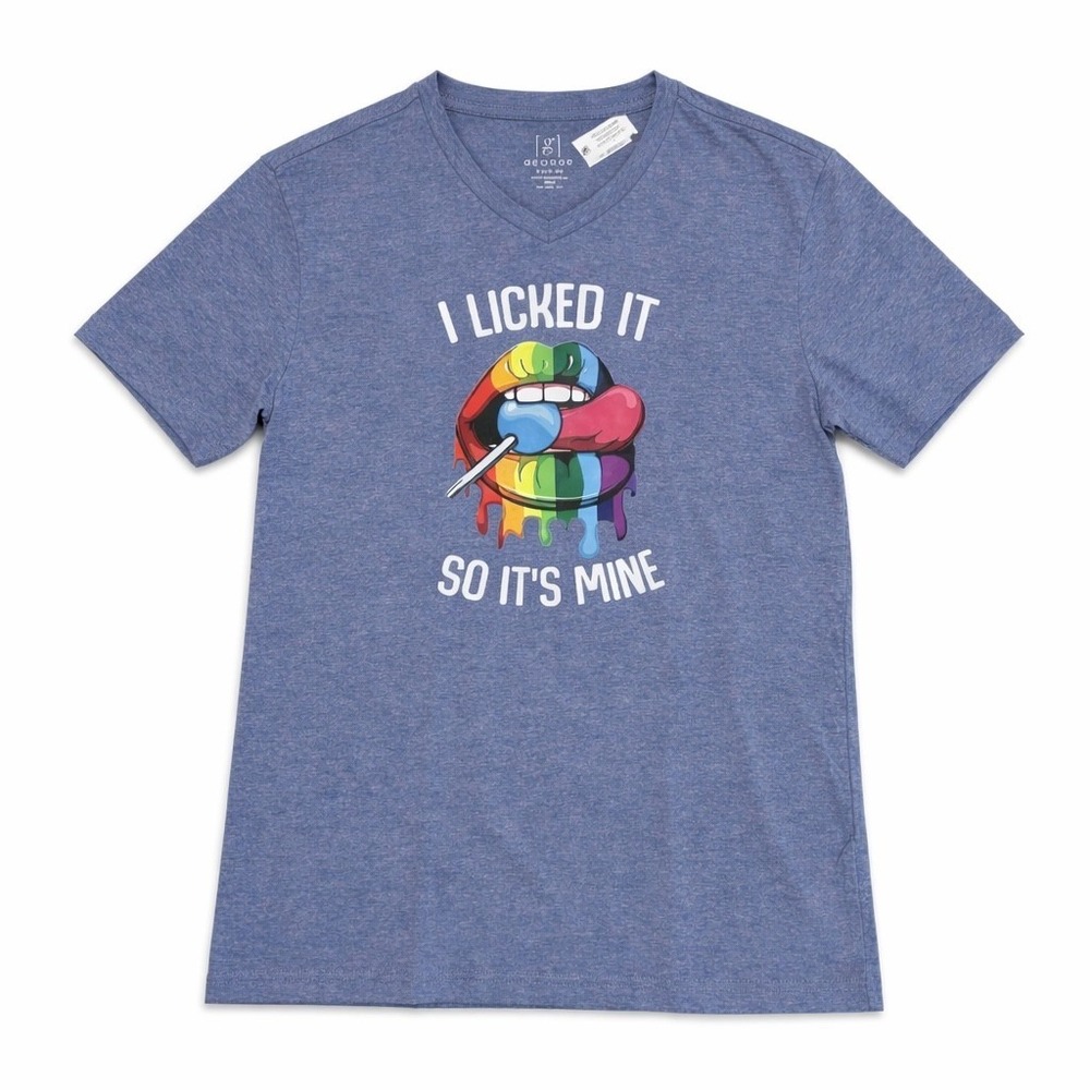 Graphic Tee I Licked It So Its Mine Rainbow Lips V Neck T Shirt Blue Size S - Picture 3 of 6